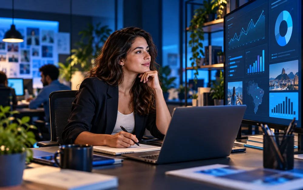 Especialista de anúncios analisando gráficos de campanha em uma tela