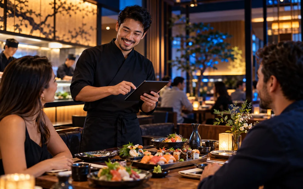 Garçom com tablet ao lado de uma mesa de sushi em restaurante japonês