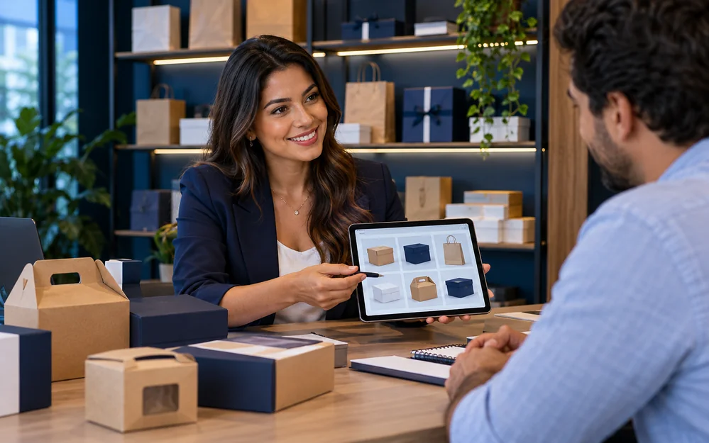 Profissional de vendas atendendo com catálogo de produtos em um tablet